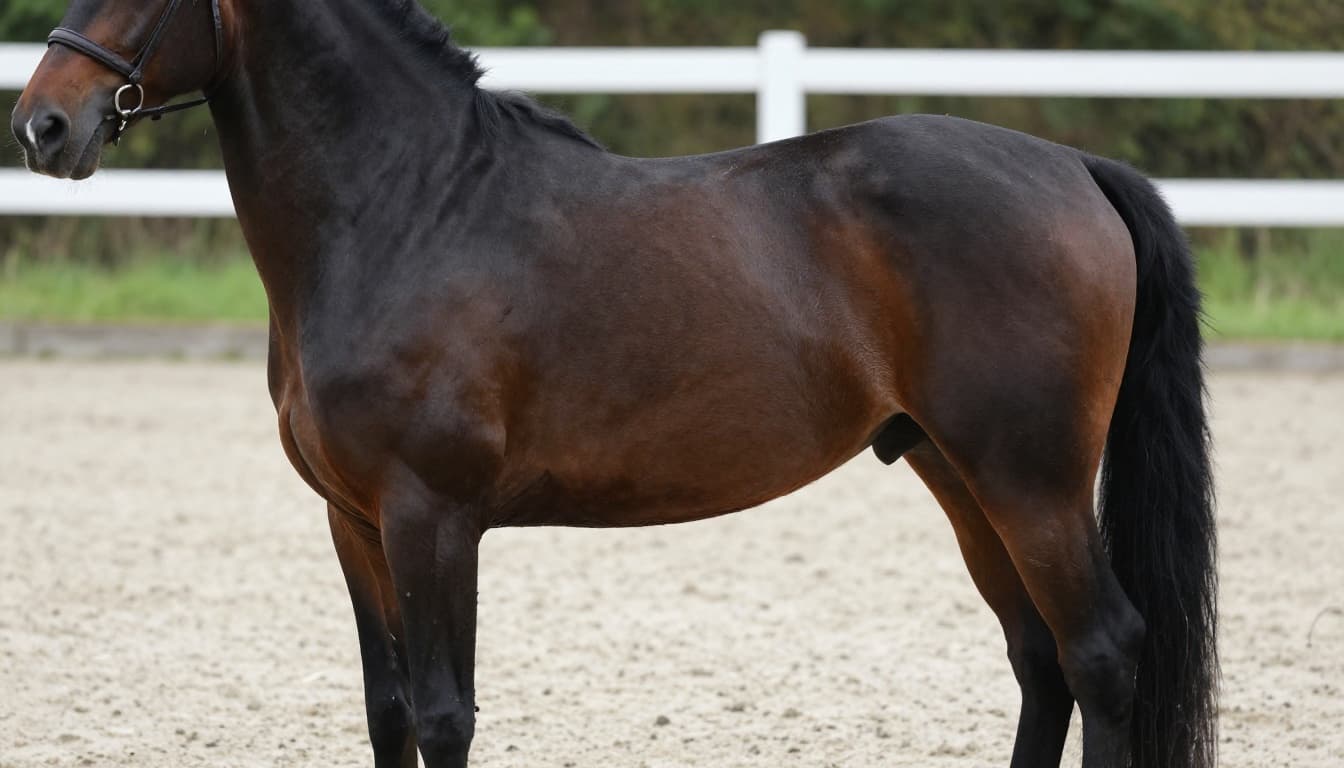 Hyper-realistic photograph of a 5-year-old dark bay Hanoverian dressage horse, focusing on a straight, muscular topline, high defined withers, and symmetric paravertebral muscles in a light sand dressage arena with blurred background.