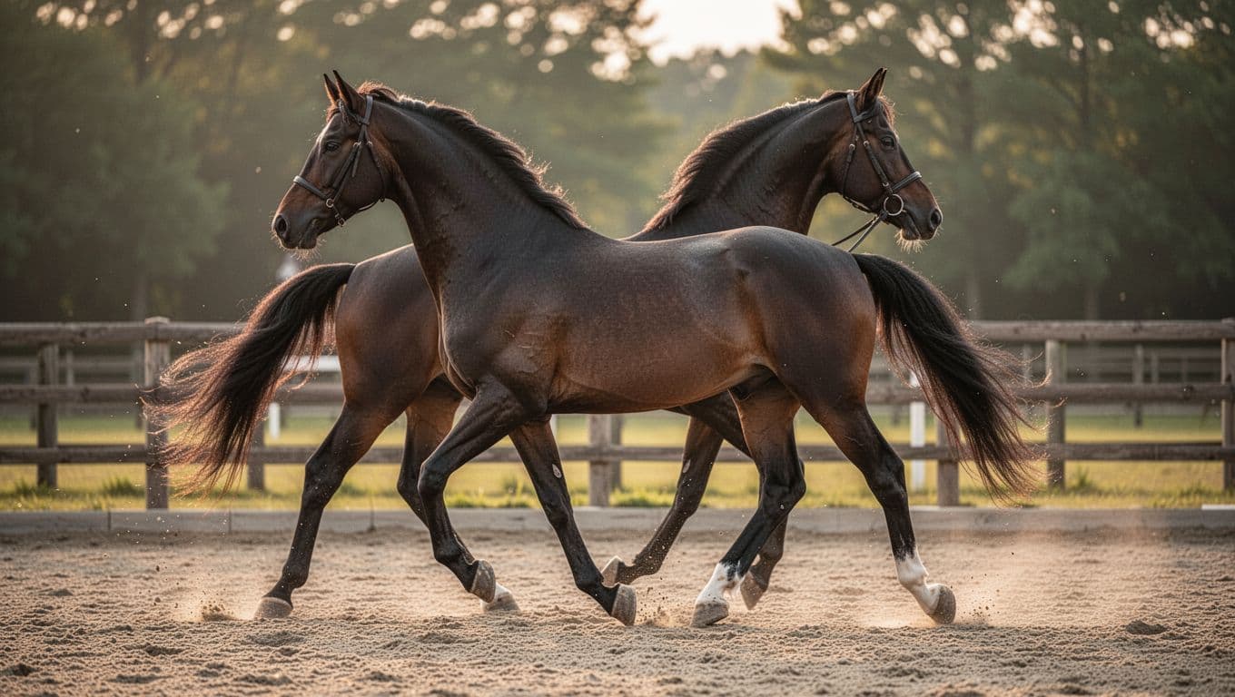 Realistic high-definition full-body profile of a dark bay Holsteiner jumping horse in active trot on a sandy European riding arena, with soft golden hour lighting emphasizing ideal conformation, flowing mane, and blurred background of wooden fence and distant trees.