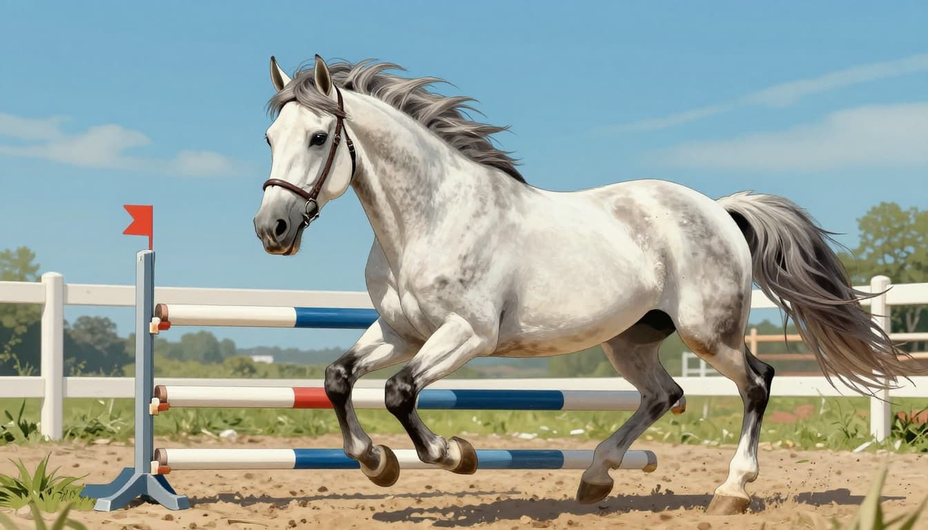 Illustrazione realistica di un Cavallo Sella Italiano morello al trotto leggero verso un ostacolo basso, con espressione attenta e reattiva.