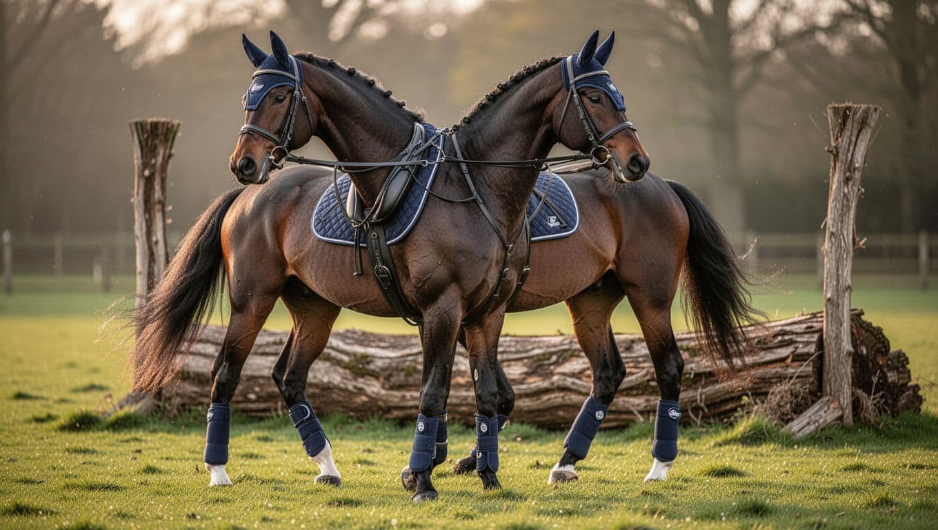 Realistic 3/4 side view of an athletic dark bay Thoroughbred ex-racer horse, saddled with amateur gear including breastplate, tendon boots, and ear bonnet, in a green field with natural obstacle, under soft golden hour light.