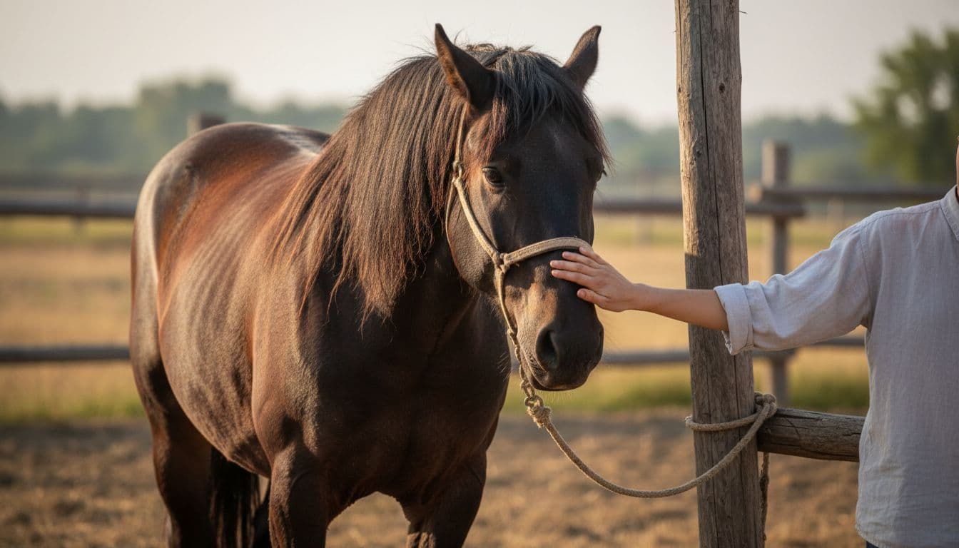 High-definition realistic illustration of a dark bay adult Tolfetano horse with rustic build and thick mane, tied to a post in a rustic outdoor arena, calmly petted on the muzzle by a rider during basic training.