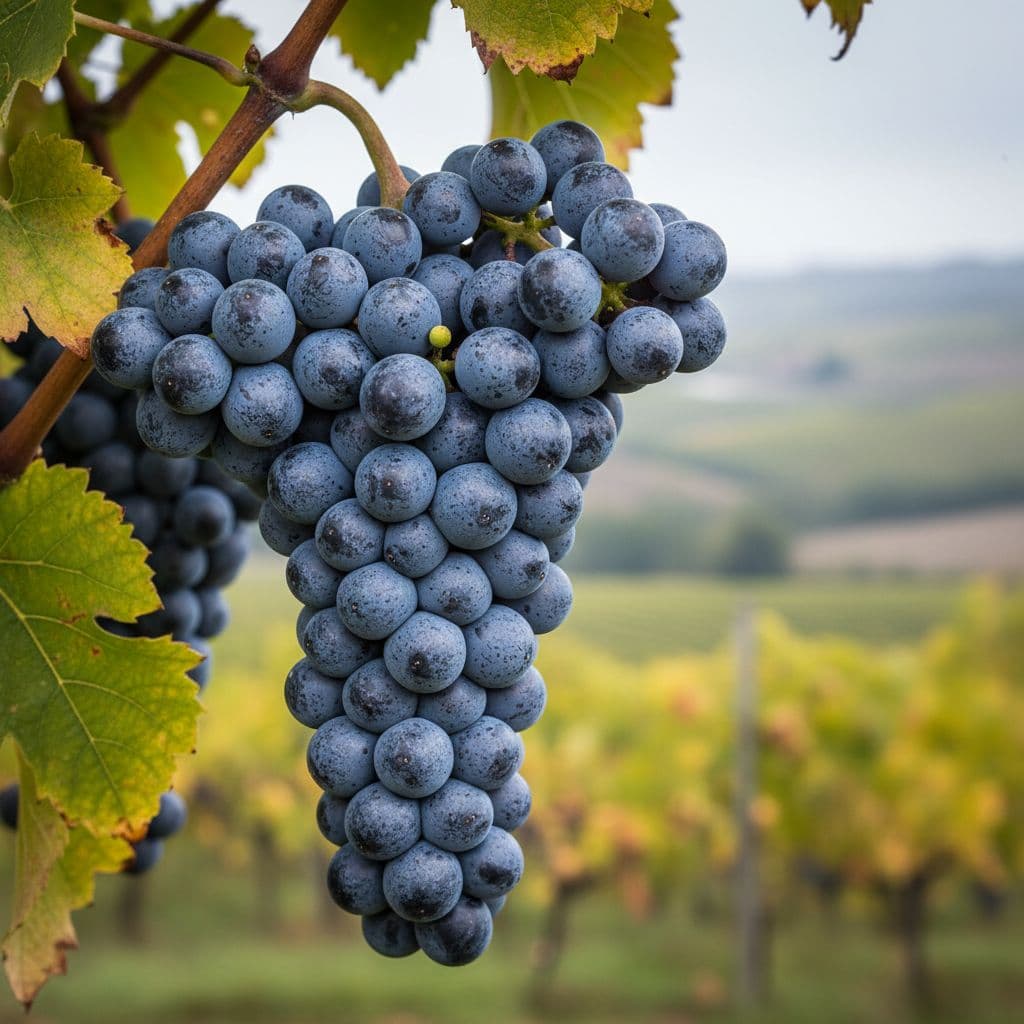 Grappolo di uva Montepulciano con pruina e rugiada