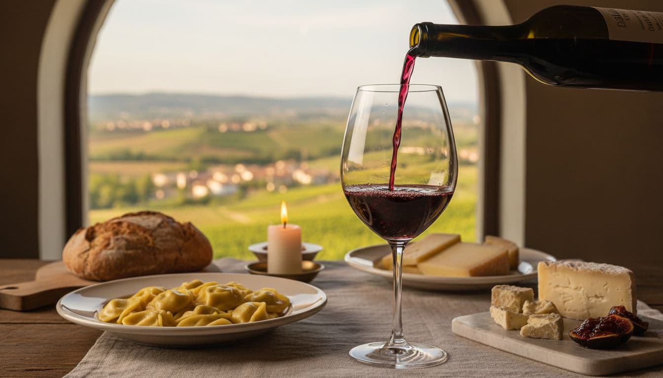 High-definition realistic editorial photo in enogastronomic magazine style featuring a glass of poured Dolcetto d'Alba wine with intense ruby color and garnet reflections on a rustic table with agnolotti al plin, local cheeses, linen cloth, crunchy bread, and warm candlelight. Piedmontese hilly landscape visible through the window in the background with sharp details and elegant bokeh.
