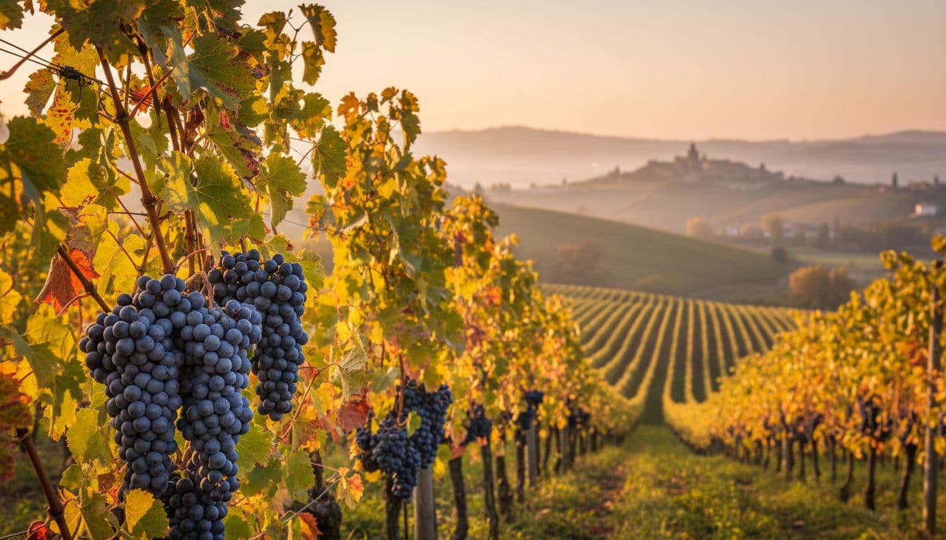 Realistic high-definition editorial photo of a Dolcetto vineyard in Piedmont's Langhe region at sunset, with golden light on ripe purple grape clusters, autumn leaves, rolling hills, and a distant blurred ancient village.
