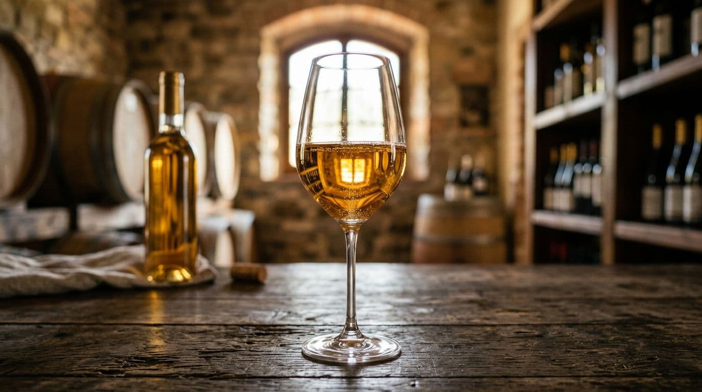 Realistic high-resolution illustration of a glass of dry Malvasia white wine with golden liquid, amber reflections, and fine bubbles on a wooden table in a Tuscan cellar, blurred bottle in the background, soft natural light.
