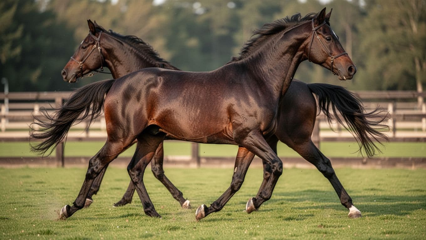 A realistic and dynamic side-view portrait of a bay Thoroughbred horse with an athletic physique trotting lightly in a grassy arena, showcasing toned back and loin muscles under natural afternoon light with a blurred background.