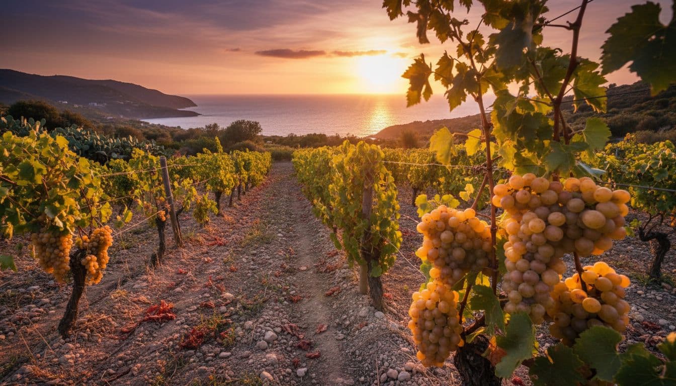 Fotografia realistica ad alta definizione di un vigneto mediterraneo di Ansonica (Inzolia) vicino al mare in Toscana all'Isola d'Elba: filari ordinati al tramonto con luce dorata e grappoli d'uva bianca giallo-dorata in primo piano.