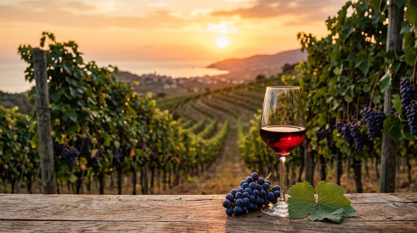 Realistic cinematic high-definition photograph of a Mediterranean vineyard at sunset on Tuscany's Isola d'Elba, with neat rows of ripe Aleatico grapes and a glass of ruby red passito wine on a rustic wooden table.