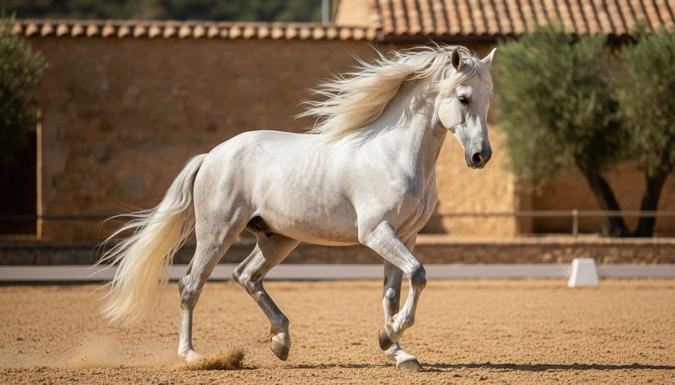 Cavallo andaluso grigio in piaffe in un’arena all’aperto