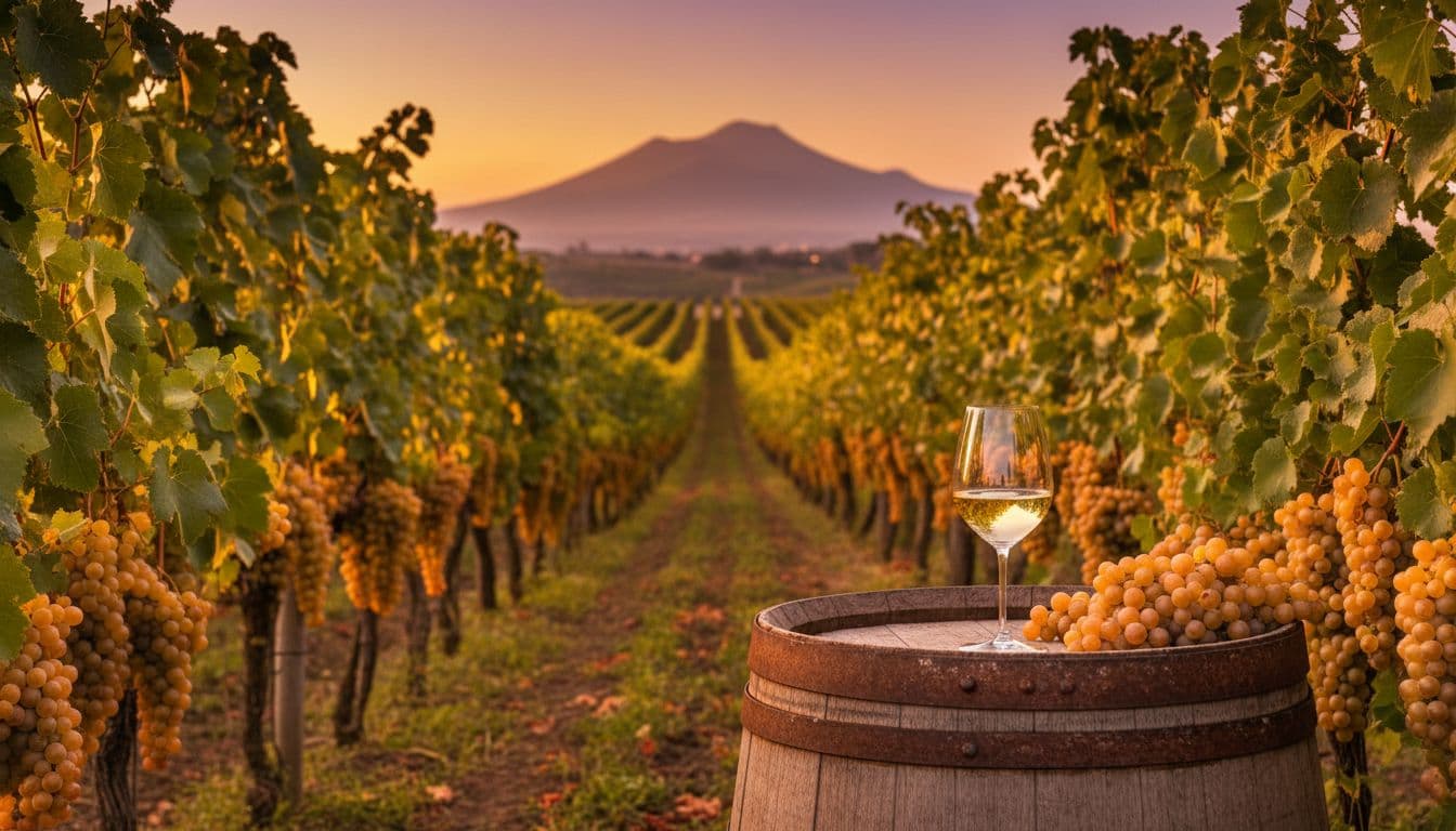 Vigneto di Falanghina al tramonto con calice su botte