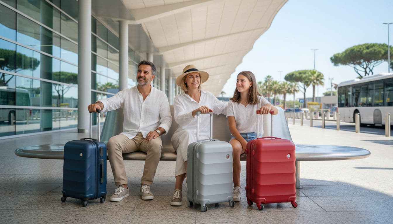 A family of three stands comfortably with their suitcases at the Fiumicino T3 airport bus terminal arrivals, enjoying a sunny afternoon in a modern building backdrop.