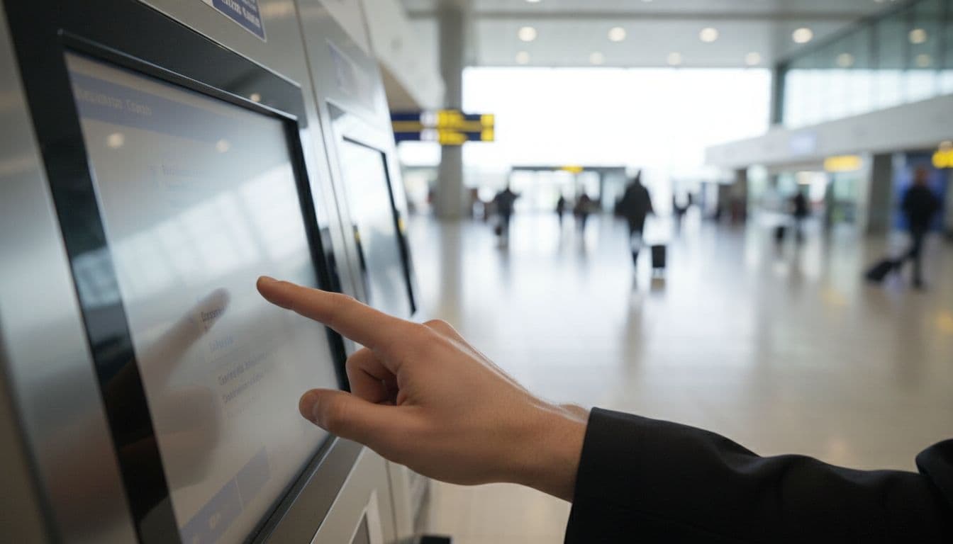 A hand with two visible fingers selects bus ticket options on the touch screen of an automatic ticket machine in the clean arrivals hall of Fiumicino Airport, featuring natural lighting and a slightly blurred photographic style with no readable text.
