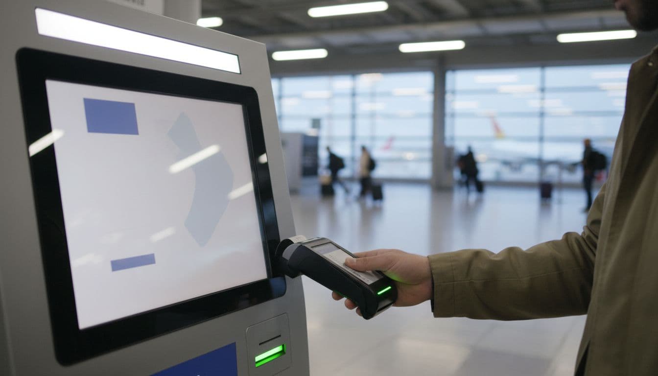 Una persona compra un biglietto contactless con carta alla biglietteria automatica con schermo touch all'aeroporto Fiumicino, sfondo gate sfocato e luce fluorescente realistica.