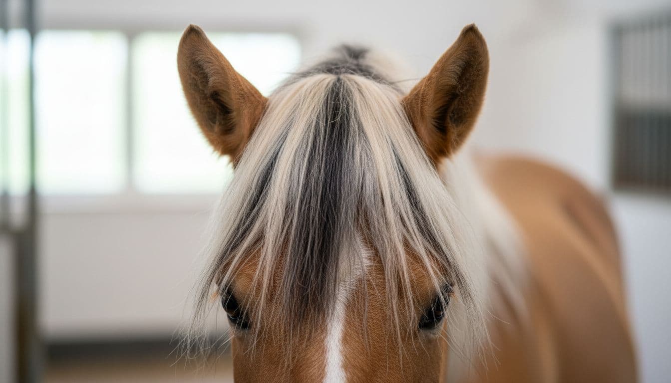 High-definition close-up of a Fjord horse's characteristic bicolor brush mane with dark center and light edges, neatly groomed and shiny during spring shedding, featuring fine silky hairs and minimal remnants. Blurred background of the dun-coated neck and head in a softly lit stable with natural colors and calm atmosphere.