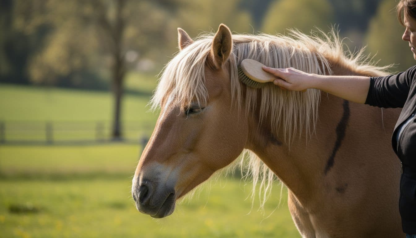 A kind person carefully brushes the distinctive brush mane of a calm Fjord horse with dun falbella coat in a sunny spring paddock during shedding, creating an atmosphere of trust and relaxation against a blurred Norwegian countryside backdrop.