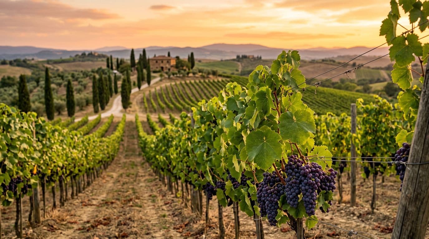 Realistic high-resolution editorial photograph of a Foglia Tonda vineyard in Tuscany at sunset, with orderly vine rows on rolling hills, sharp wide round leaves and ripe ruby-purple grape clusters in the foreground, warm golden light, and a blurred background of cypresses and an ancient farmhouse.