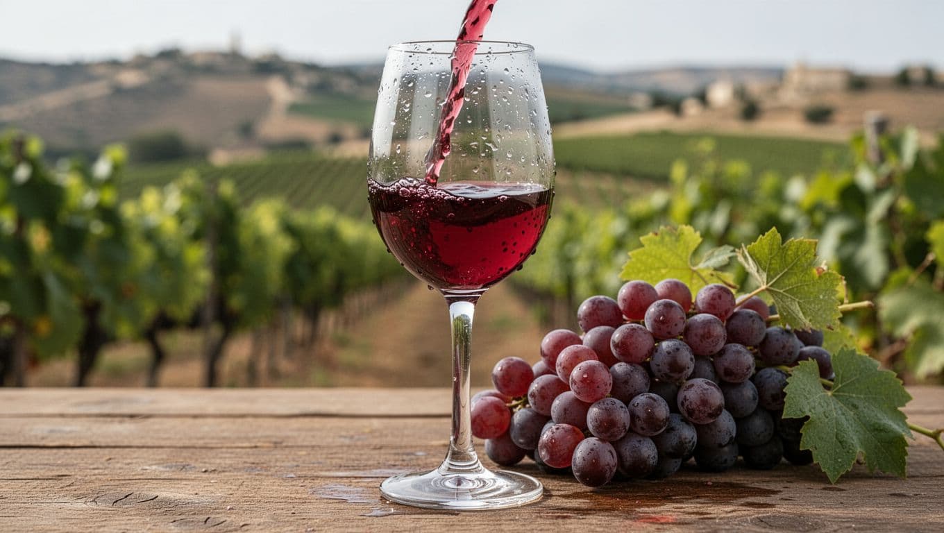 Hyperrealistic photographic illustration of a crystal glass filled with young Frappato wine, featuring bright ruby color with luminous reflections, on a rustic Sicilian wooden table beside fresh dark red Frappato grapes, blurred vineyard background with soft natural light and bokeh.