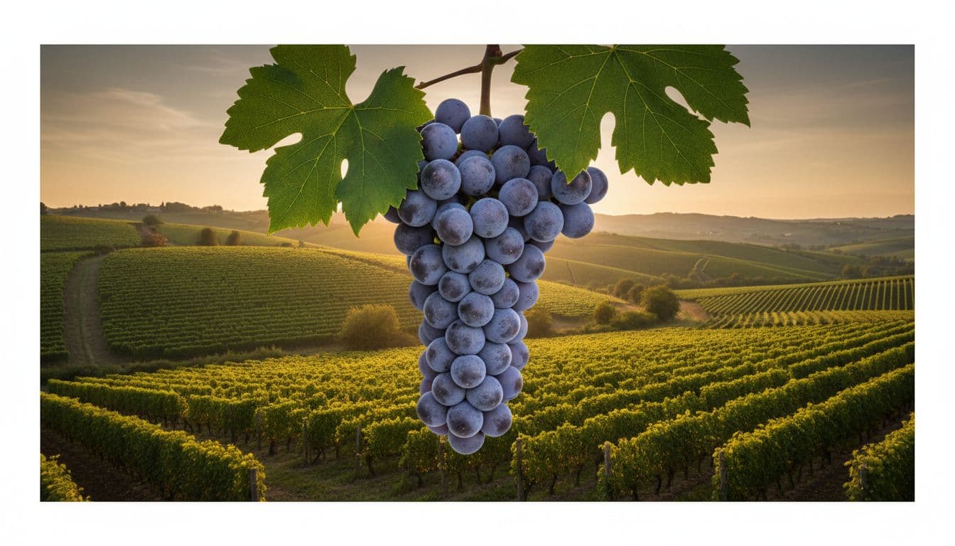 Illustrazione realistica di grappoli di Freisa con acini blu-violacei medi e foglie verdi lobate, vigneti collinari piemontesi al tramonto.