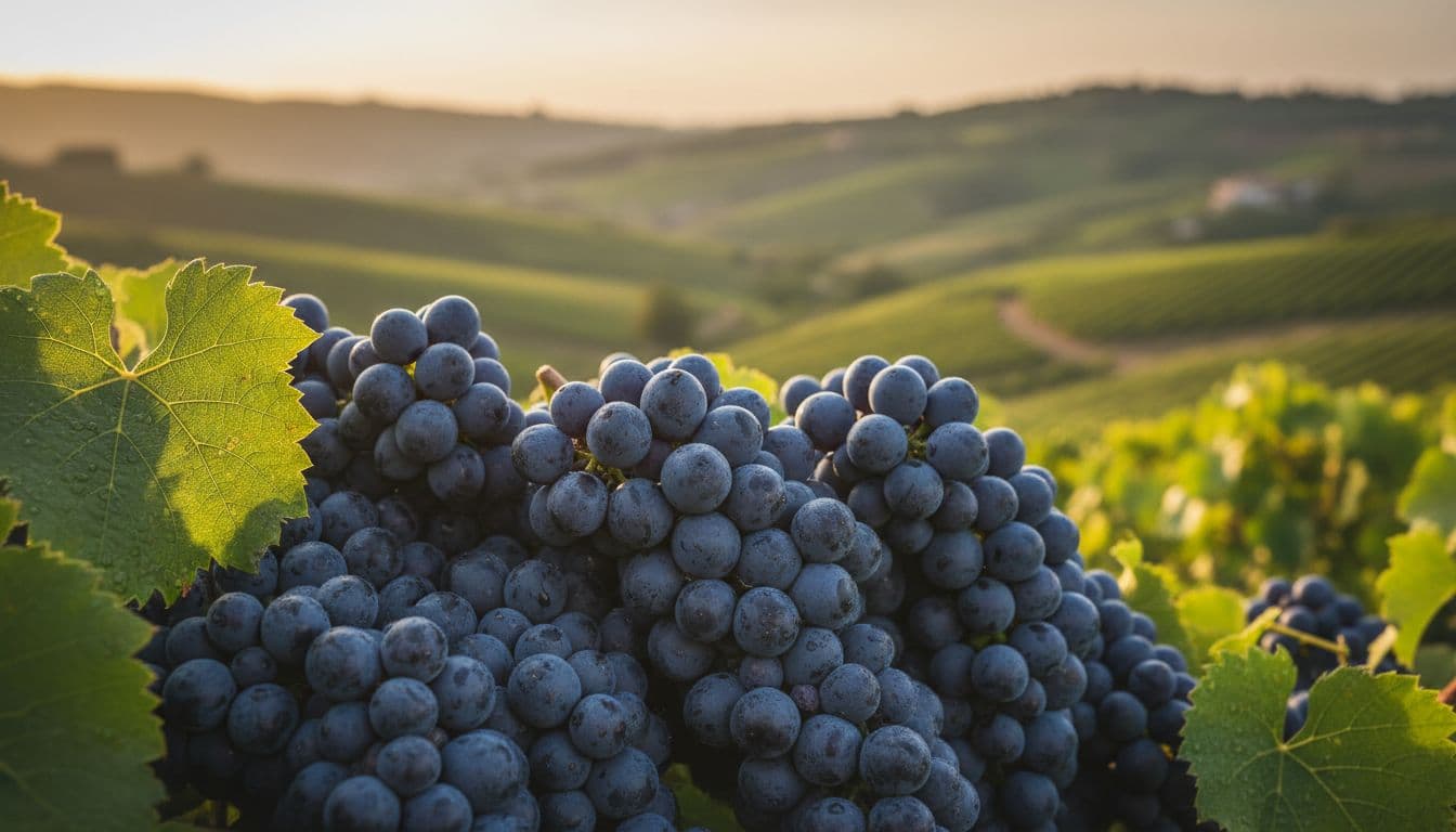 Grappoli di Aglianico appena raccolti al tramonto