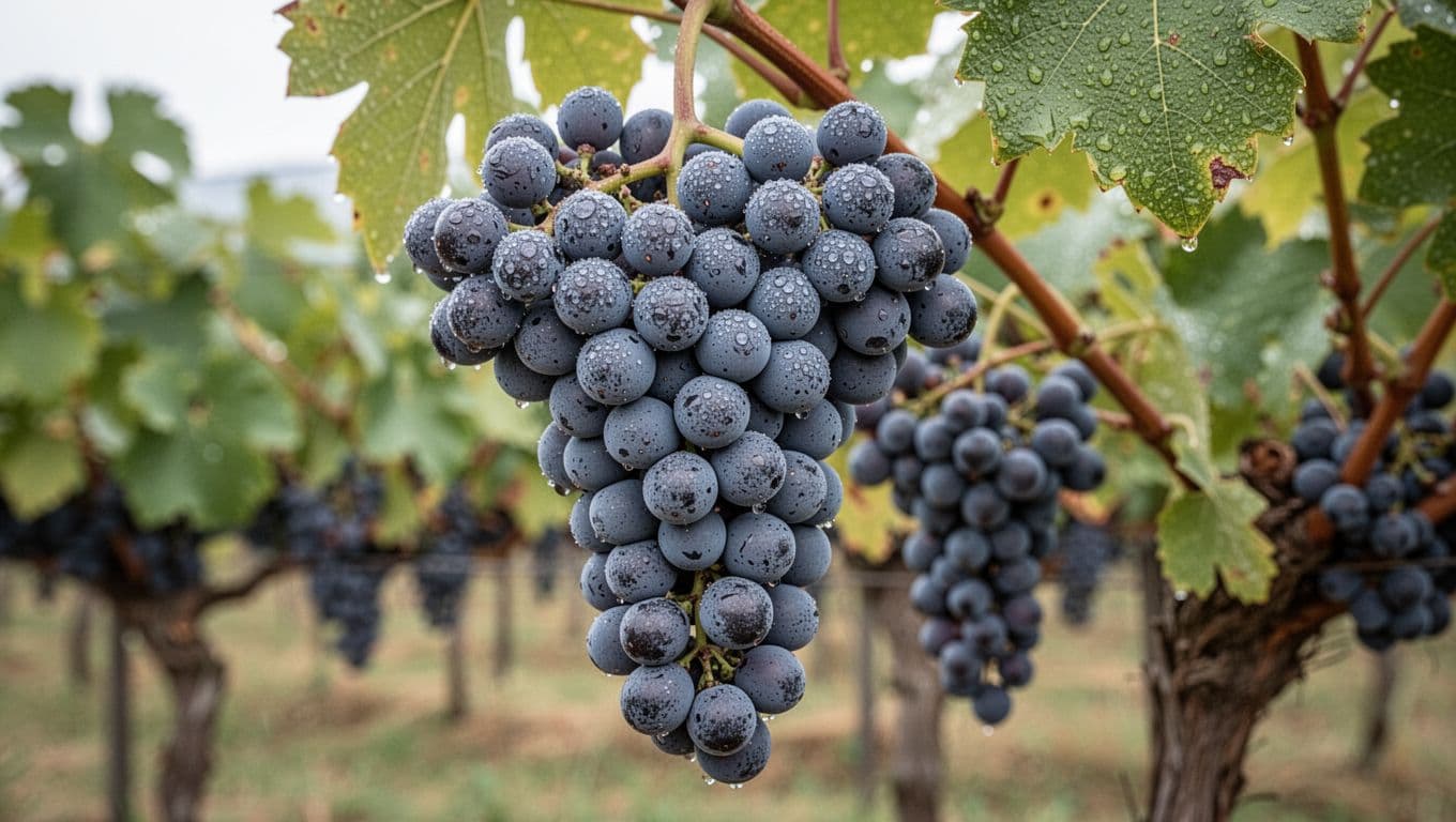 Realistic high-resolution close-up of a freshly harvested Canaiolo grape bunch with bluish-purple berries covered in powdery pruinose skin and fresh dew drops, set against a blurred Tuscan vineyard background in soft morning light.