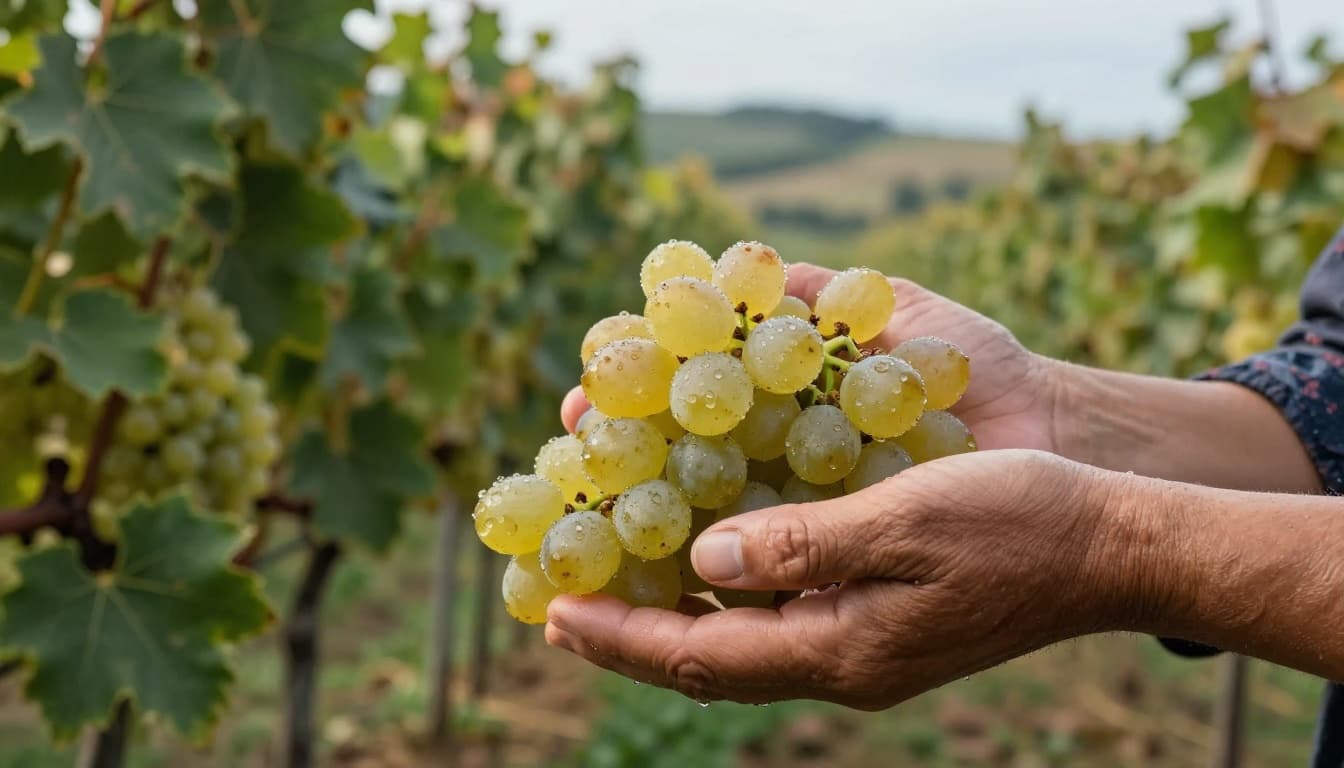 Realistic high-resolution editorial photo of freshly picked Grillo grape clusters with dew on golden berries, gently held by harvester's hands against Sicilian vineyards under summer sun.