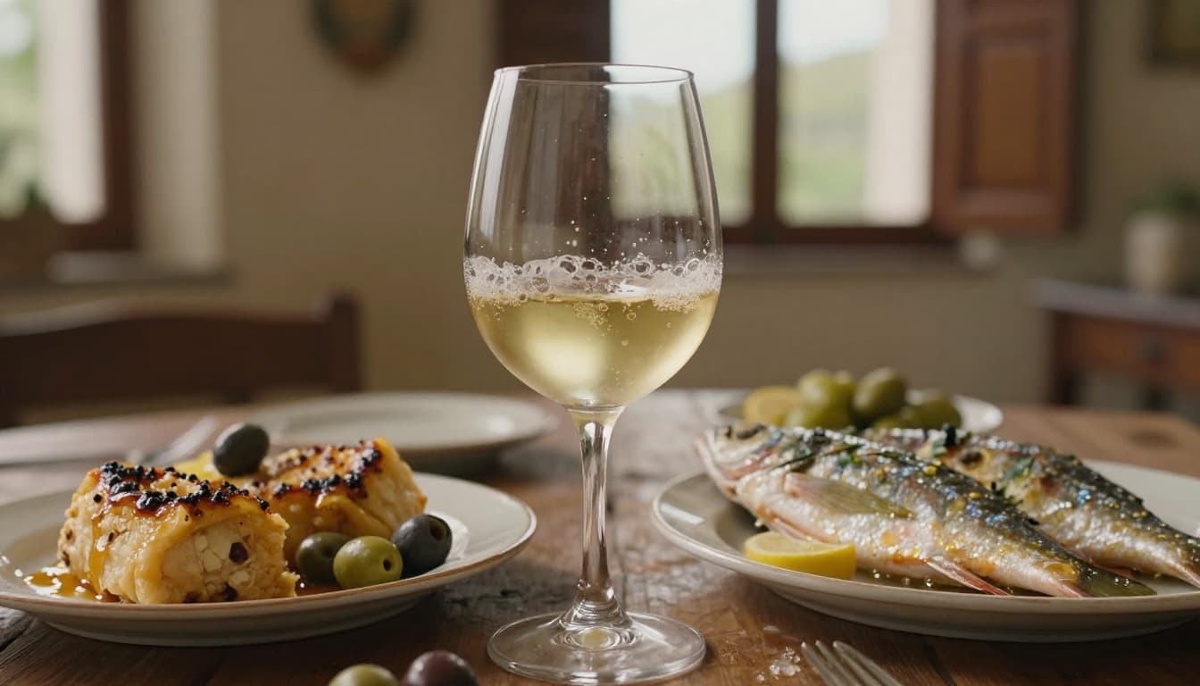 High-resolution realistic editorial-style photo of a glass of fresh Grillo wine, straw yellow with greenish reflections and fine bubbles, on a rustic Sicilian table with swordfish, caponata, and olives. Soft natural window light, shallow depth of field focusing on the glass, vivid colors, and inviting gourmet atmosphere in landscape composition.