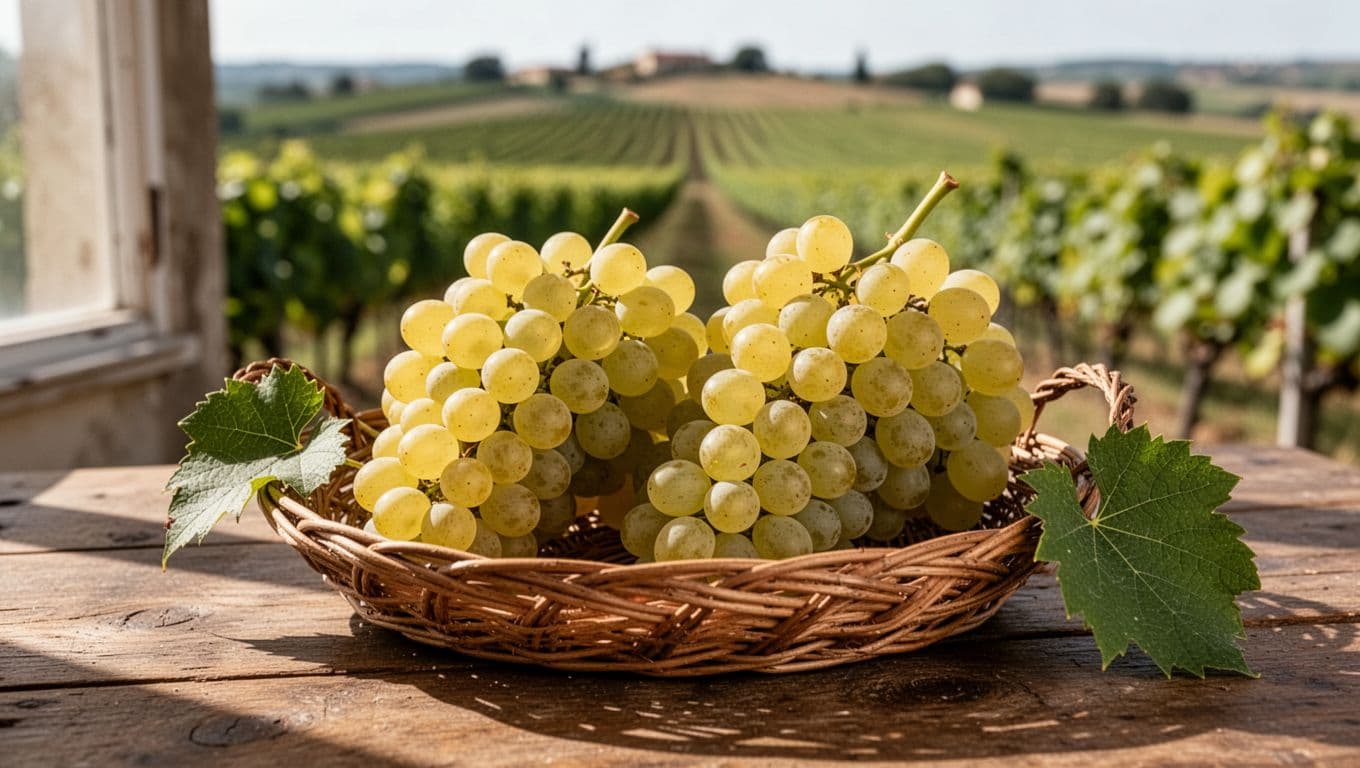 Due grappoli di Passerina appena raccolti in una cesta di vimini
