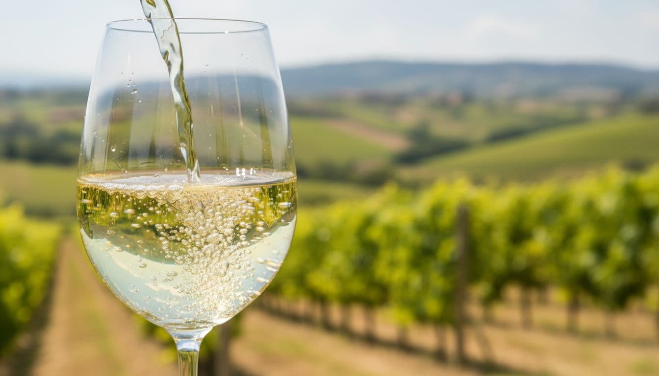 Close-up of a glass of freshly poured Sauvignon Blanc wine with delicate bubbles, set against a blurred vineyard background in bright yellow-green tones, evoking an elegant and refreshing Italian enogastronomy atmosphere.