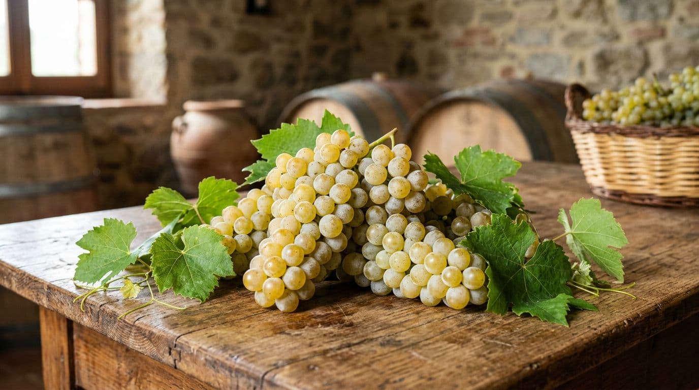 Realistic high-resolution close-up of freshly harvested Vernaccia grape clusters with golden-white berries showing silvery pruina, green leaves, on a rustic wooden table in a naturally lit Tuscan winery.