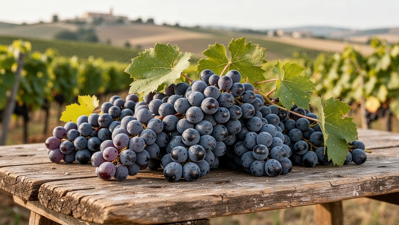 High-resolution realistic photo of ripe Cesanese grape clusters with blue-violet berries and natural white pruina on a rustic wooden table in a rural Lazio setting, illuminated by soft morning light, with sharp close-up details and blurred vineyard background.