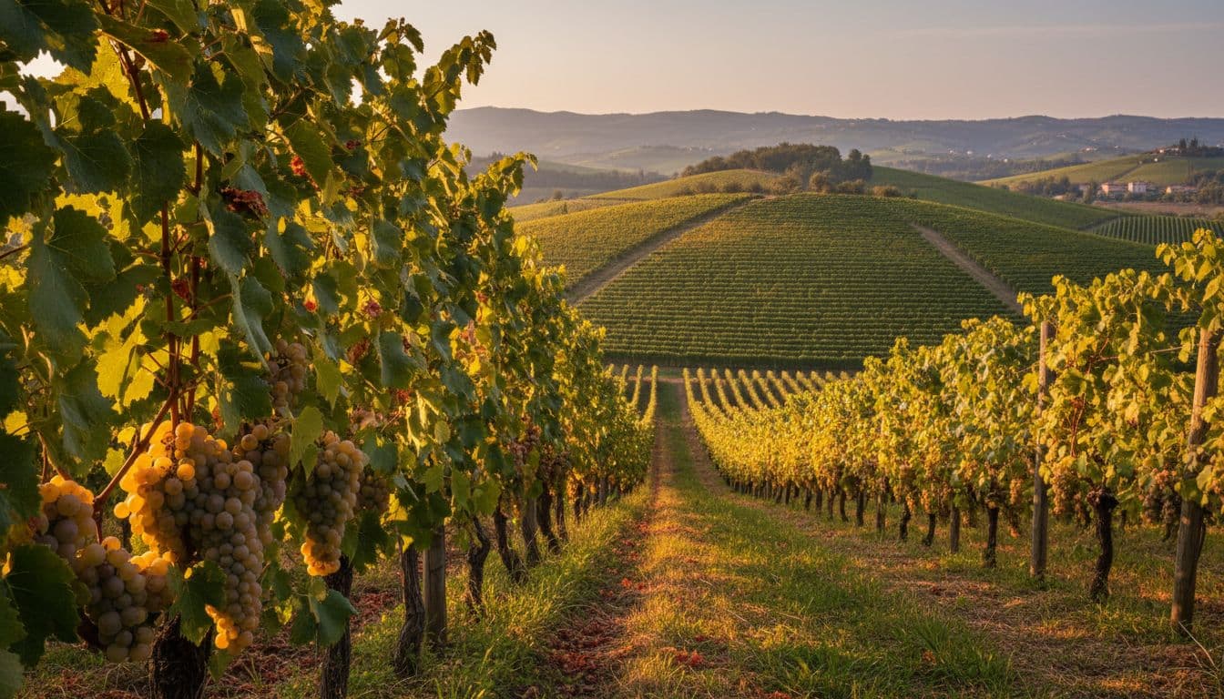 Vigneti collinari del Friuli Venezia Giulia con vitigno Friulano, illuminati dalla luce dorata del tramonto, grappoli di uva bianca in primo piano su viti vigorose e filari ordinati.