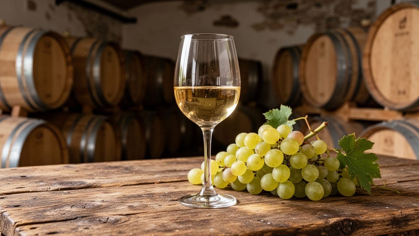 A glass of straw-colored Friulano white wine on a rustic wooden table in a Friulian wine cellar, with fresh Friulano grape clusters nearby, illuminated by soft natural light for an authentic and welcoming atmosphere.