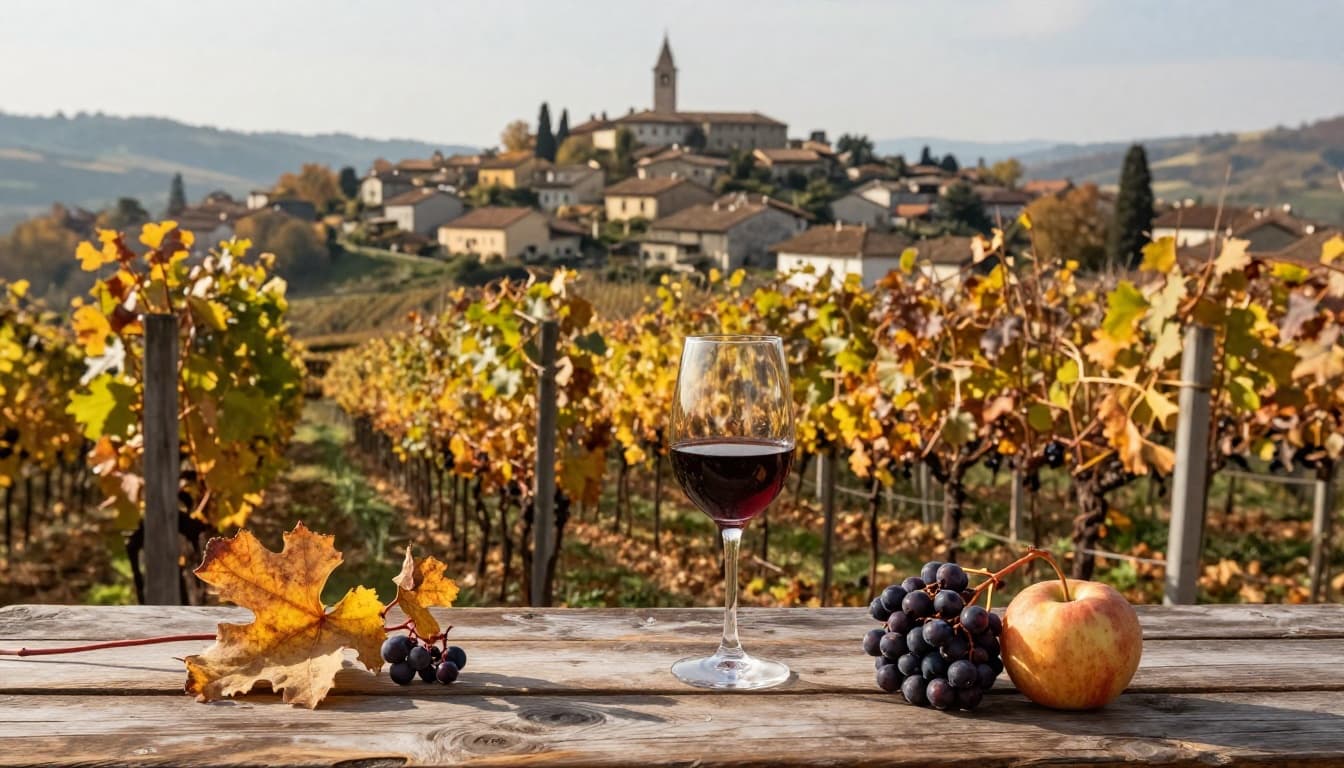 Realistic high-definition photograph of Friuli-Venezia Giulia hilly landscape with autumn Refosco dal Peduncolo Rosso vineyards, featuring a foreground vine with red leaves, visible red peduncle grapes, and a red wine glass on a wooden table, with blurred Friulian villages and Alps in the background.