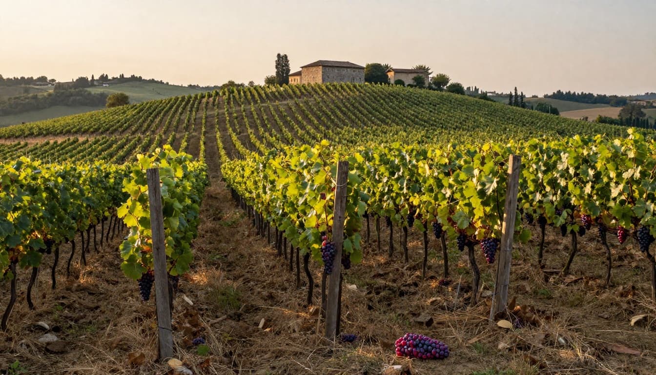 Realistic high-definition editorial photo of a Friuli-Venezia Giulia hillside vineyard at sunset with neat rows of Refosco dal Peduncolo Rosso vines. Foreground features a single ripe grape cluster with ruby-red peduncle and pruinose blue-violet berries, soft hills, ruby red wine glass, and oak barrel in bokeh background.