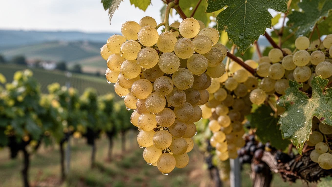 Realistic high-resolution close-up of mature Ribolla Gialla grape clusters from Friuli-Venezia Giulia, featuring translucent white-golden berries with thin skins, juicy pulp, and fresh dew drops amid healthy green leaves.