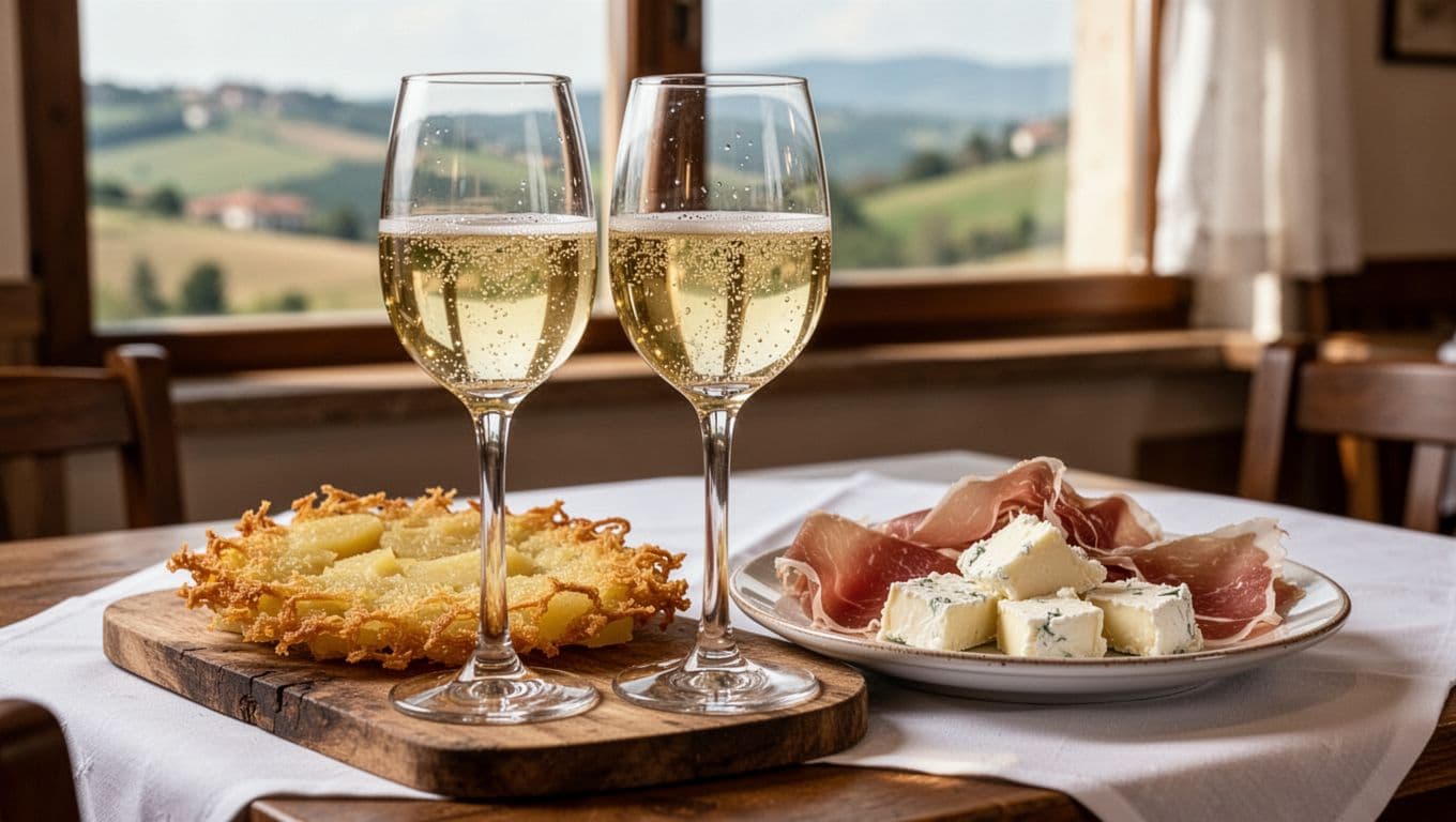 High-resolution realistic photo of a rustic wooden table in a Friulian trattoria featuring a central glass of sparkling Ribolla Gialla wine with visible bubbles, alongside a plate of crispy frico with potatoes, San Daniele prosciutto slices, and creamy fresh cheese.