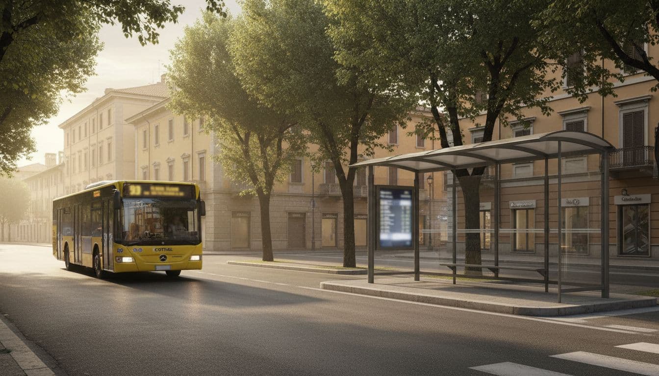 Modern bus shelter with blurred schedule at Piazza Sandro Pertini in Frosinone, Italy; one yellow bus arriving on urban street with trees in soft morning light, realistic photo, no people or readable text.