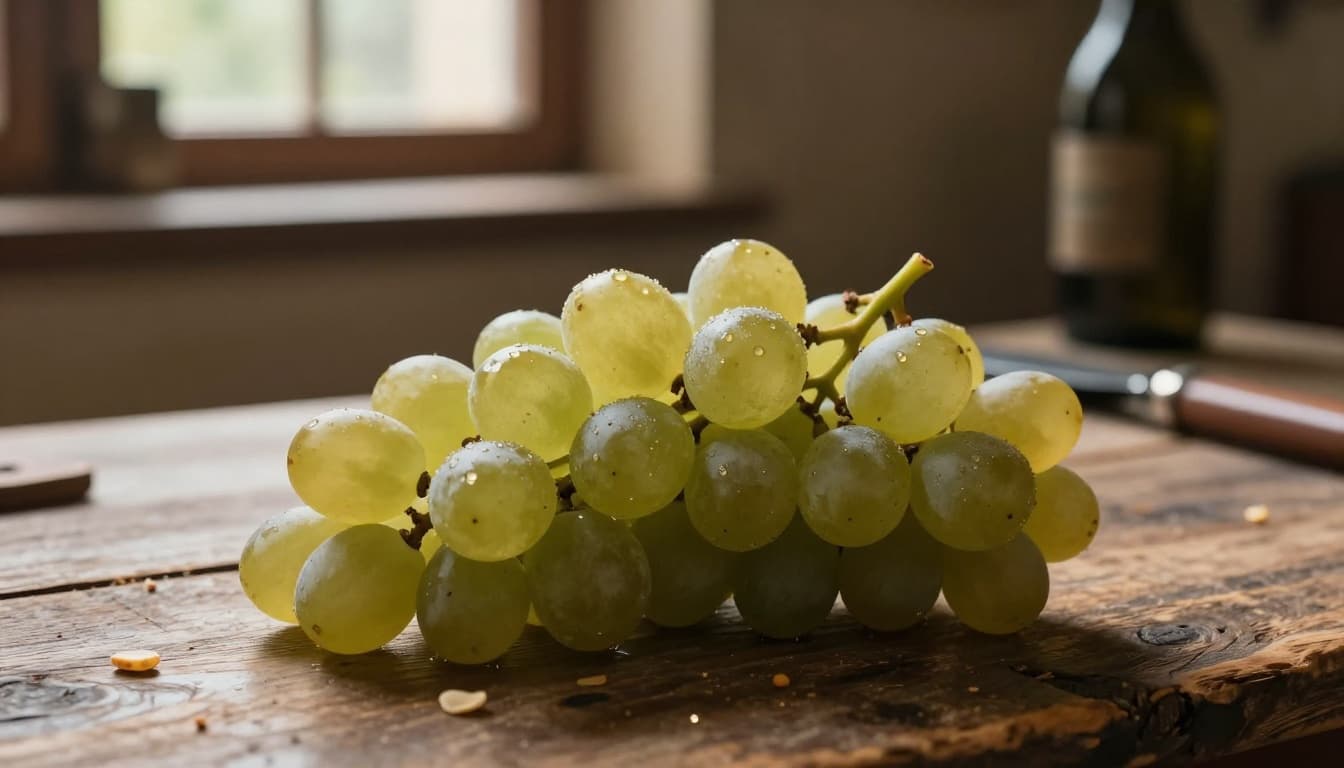 Grappolo di Garganega appena raccolto su tavola di legno in cantina, con botti sfocate sullo sfondo.