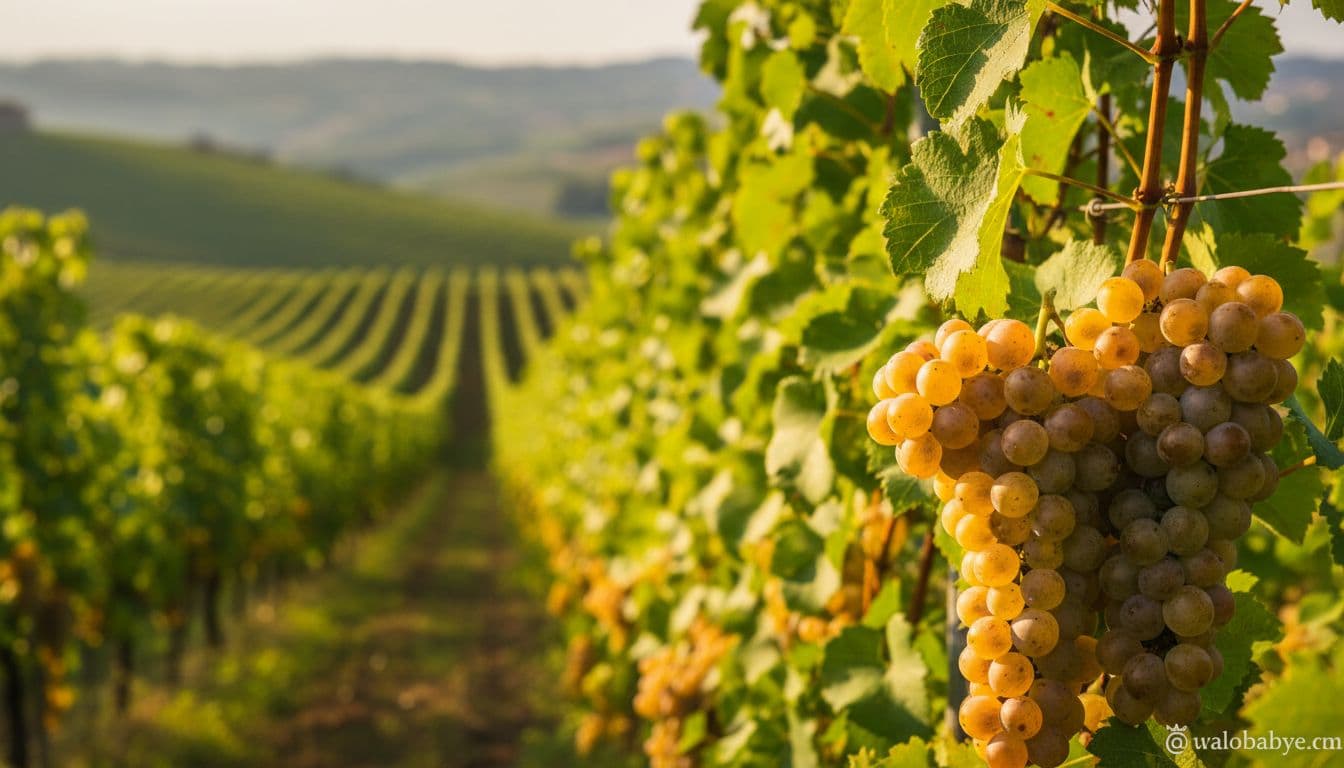 Vigneto di Garganega sulle colline veronesi, filari ordinati e luce calda, con grappoli dorati in primo piano.