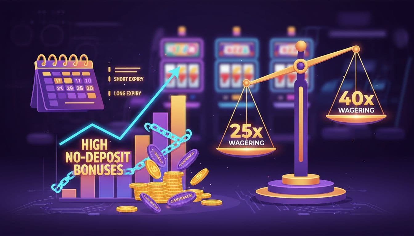 Illustrazione dinamica delle tendenze dei bonus slot a gennaio 2026 in stile casinò italiano moderno con luci al neon, grafici di aumento bonus no-deposito, monete cashback e wagering requirements.