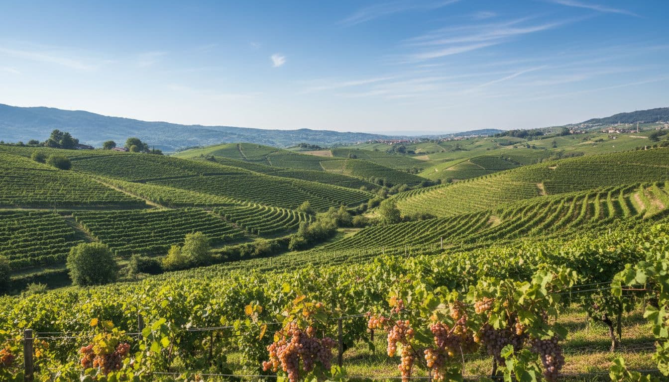 Terraced green hills with pale pink Gewürztraminer grape clusters on vines, sunny blue sky, wide panoramic view in realistic naturalistic photographic style with soft daytime light, no people present.