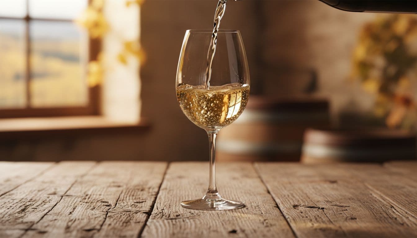 Un calice di vino Gewürztraminer bianco dorato versato con riflessi luminosi su un tavolo di legno rustico, sfondo sfocato di vigneto autunnale, luce calda naturale.