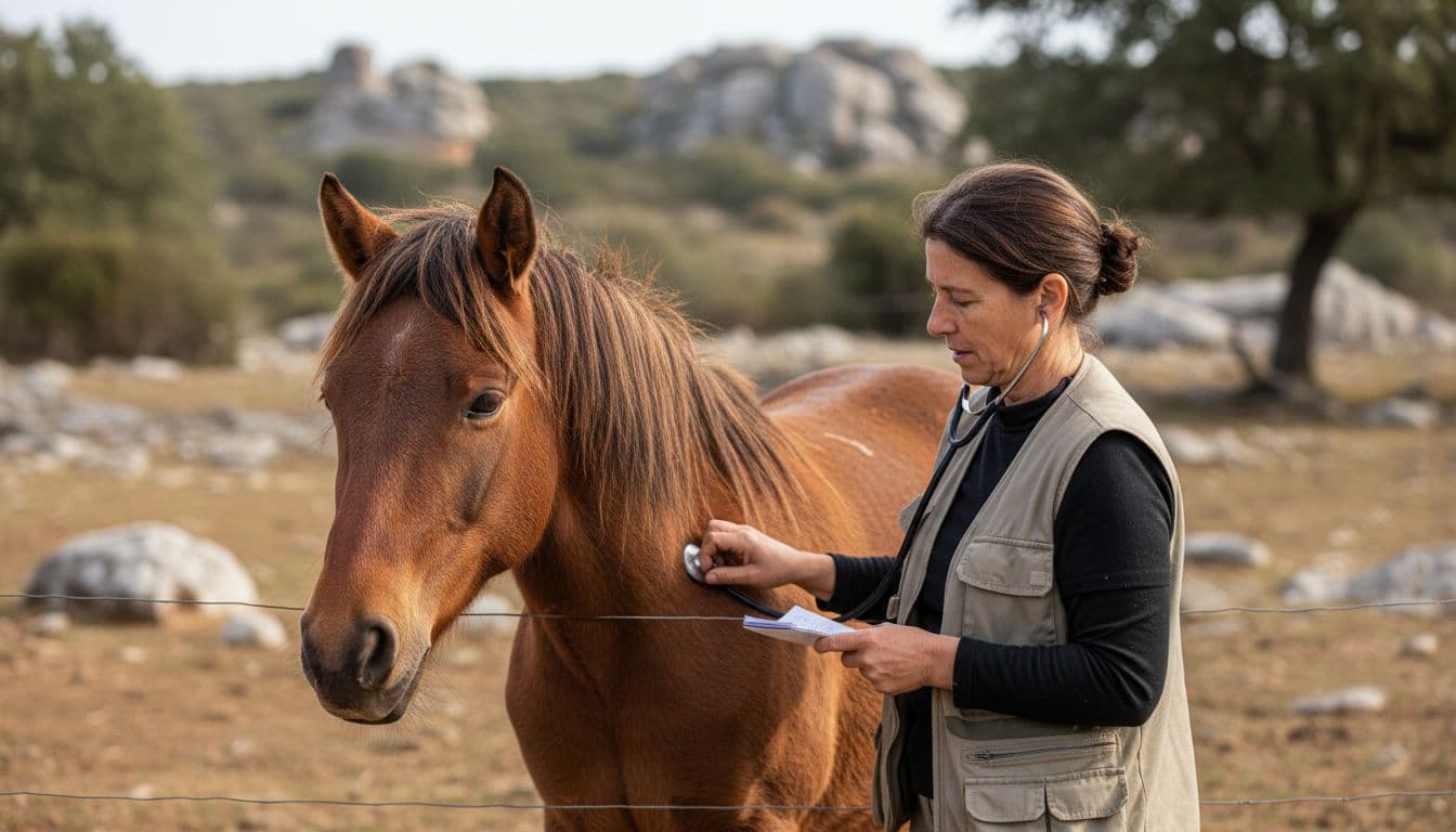 Controllo veterinario su cavallo della Giara semi-brado