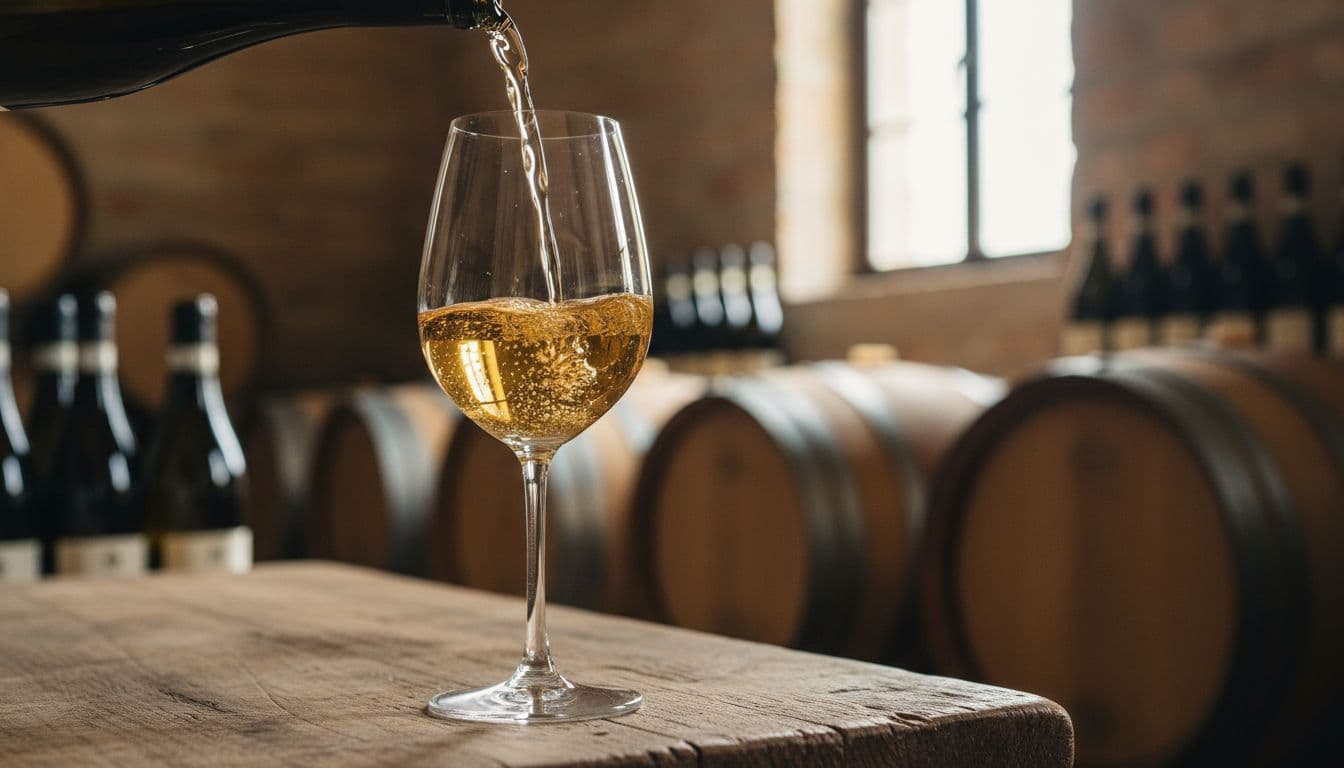 Calice di Fiano dorato su tavolo rustico in cantina