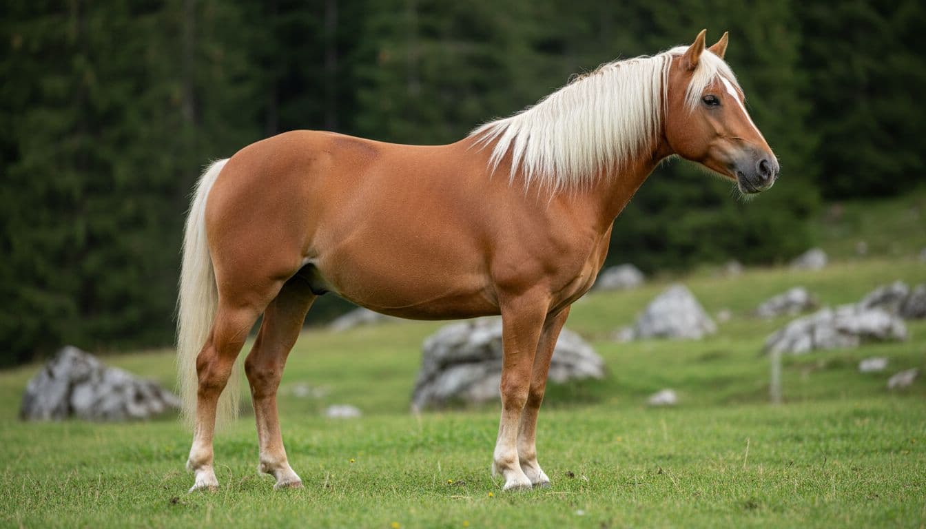 Cavallo Haflinger visto di profilo su prato alpino, utile per osservare linea dorsale, spalle, groppa e appiombi