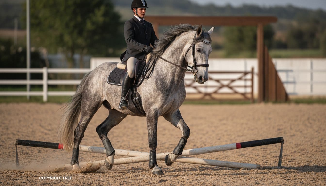 Cavallo Lusitano grigio in working equitation durante uno slalom