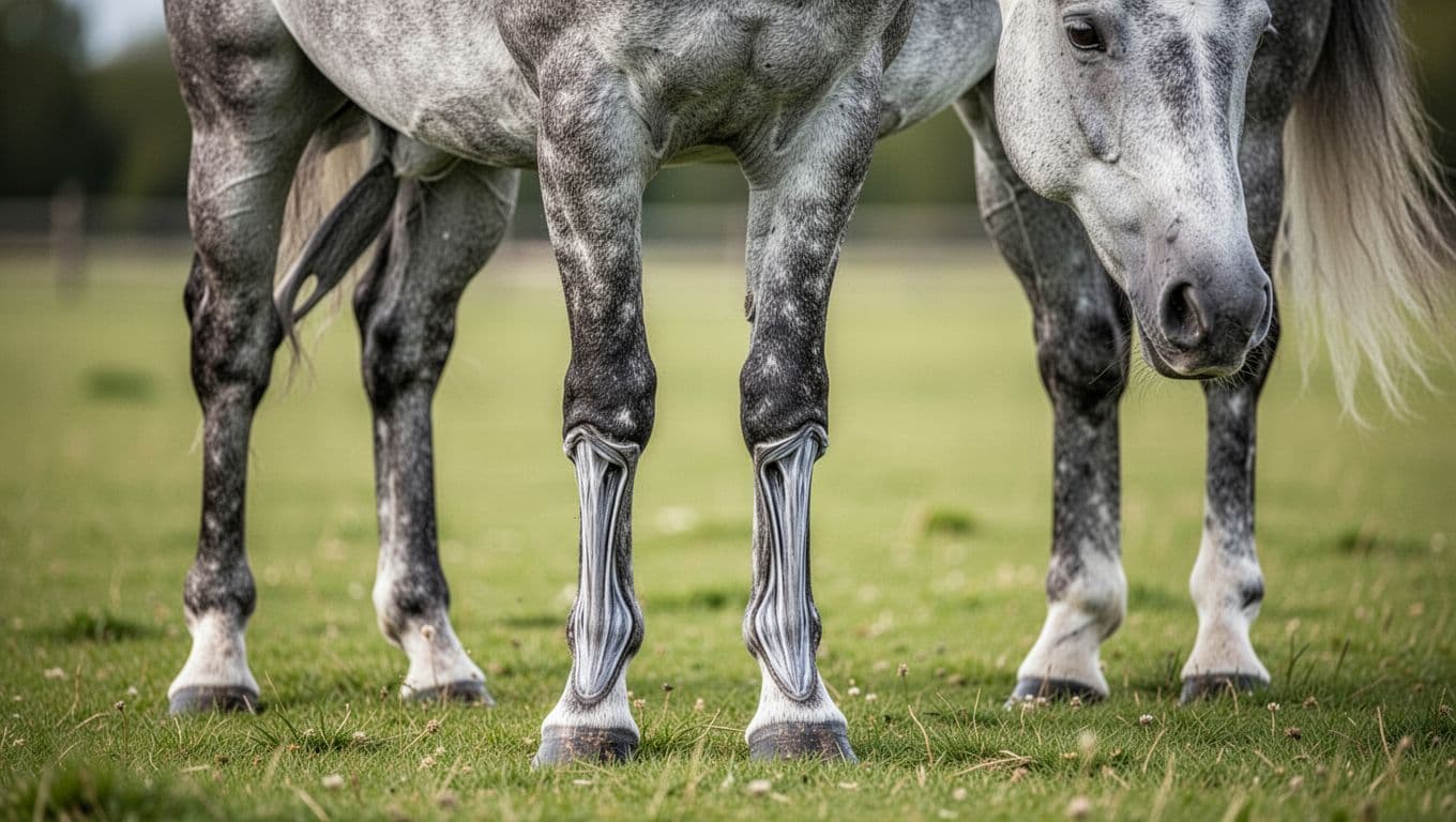 Realistic close-up portrait of a lean gray Thoroughbred horse standing on grass, highlighting clean, visible tendons, joints, and muscle fibers in the fore and hind legs under natural daylight with a blurred meadow background.
