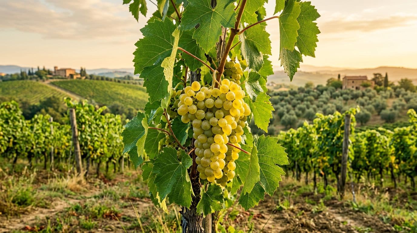 Photorealistic editorial image of mature Grechetto grape clusters on vines in a sunny Umbrian vineyard, with dew drops on yellow-green berries, broad toothed leaves, and clay hills with distant olives in natural morning light.