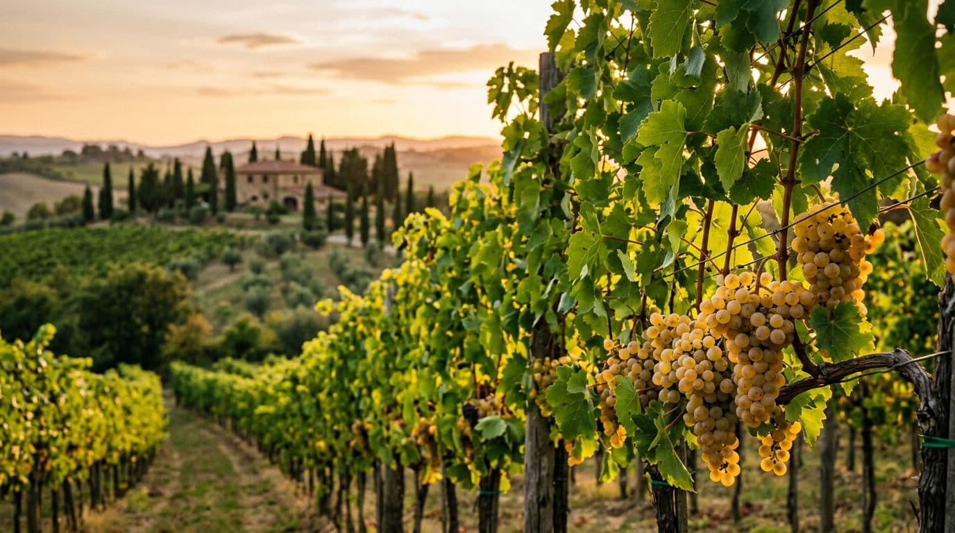 Photorealistic editorial image of Grechetto vines on gentle Umbrian hills at sunset, with golden-yellow grape clusters and green leaves in sharp foreground focus, blurred stone farmhouse and cypresses in background.