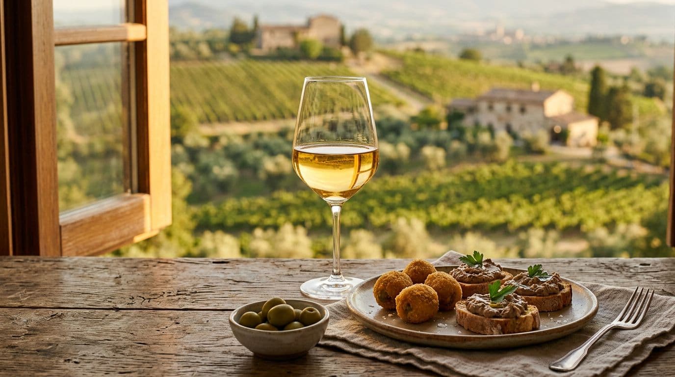 Photorealistic enogastronomic scene with a golden white Grechetto wine glass on a rustic Umbrian table, next to Ascolana olives and crostini, soft window light, and blurred vineyard background.